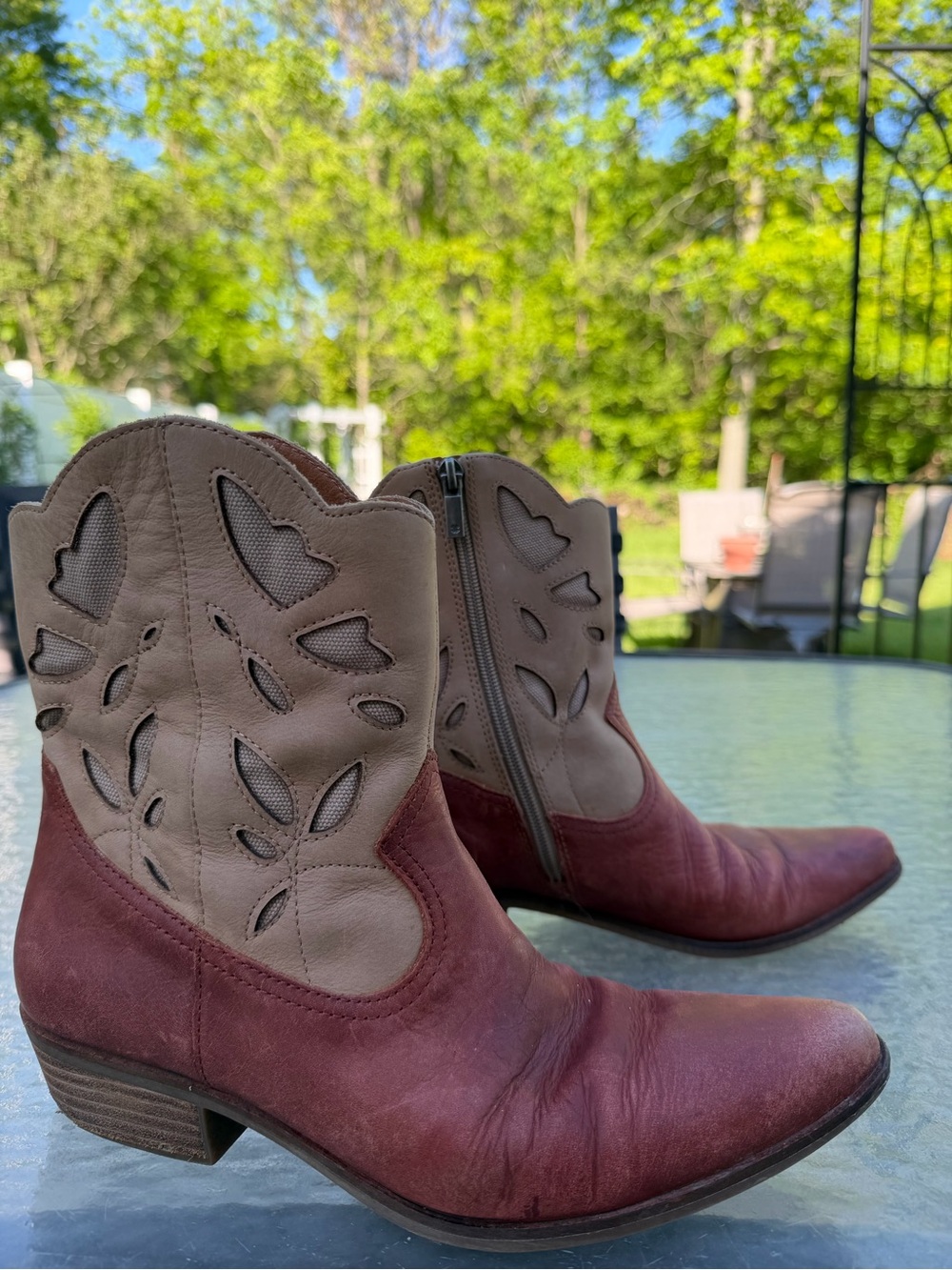 Lucky Brand Two-Tone Burgundy and Taupe Cutout Western Ankle Boots